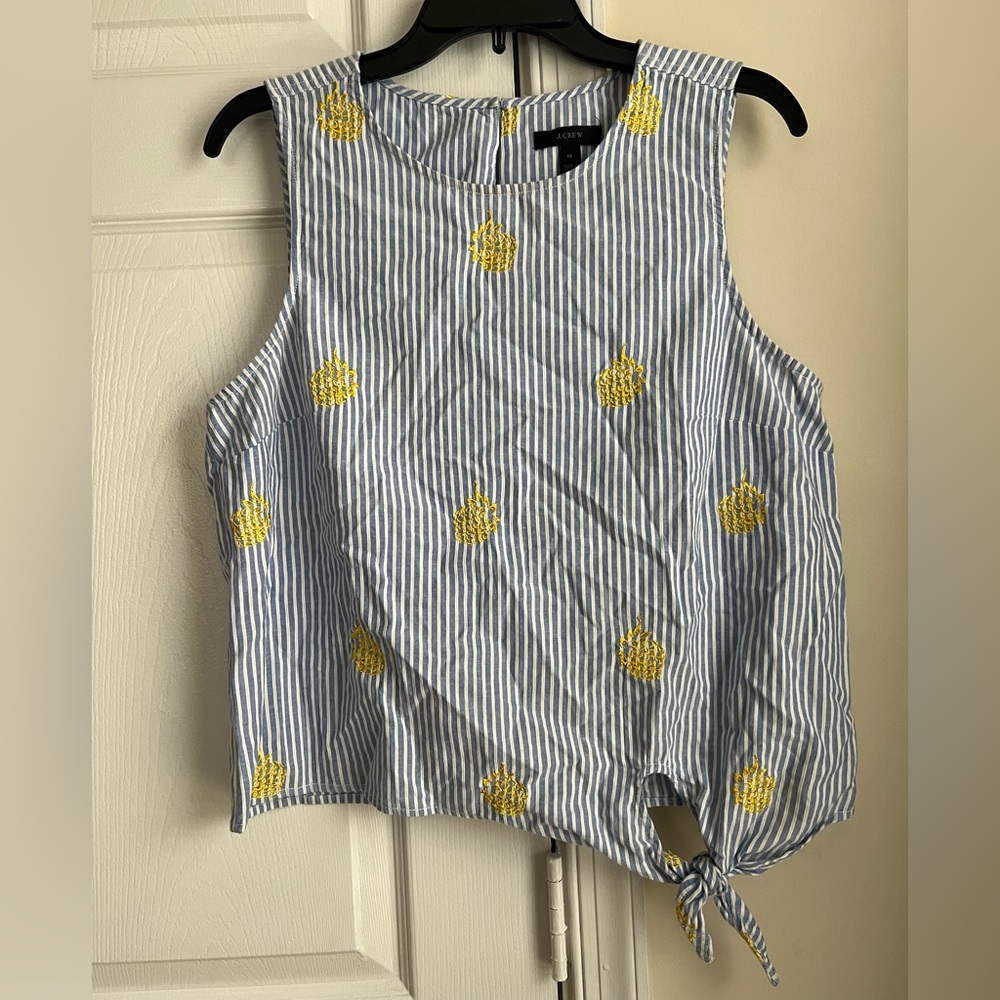 J. Crew Blue & White Striped Pineapple Embroidered Sleeveless Tie Top Size 10